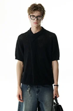 Asymmetric Cutout Knit Polo Shirt