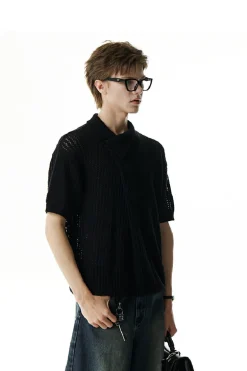 Asymmetric Cutout Knit Polo Shirt