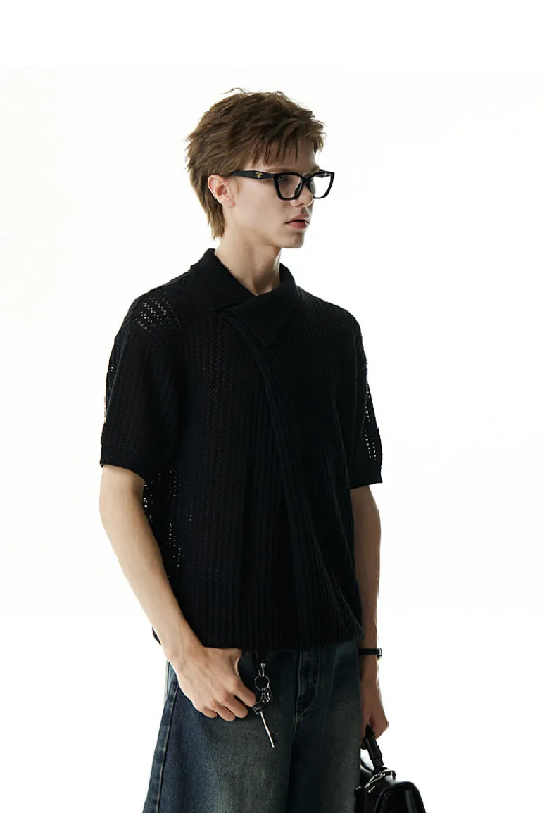 Asymmetric Cutout Knit Polo Shirt