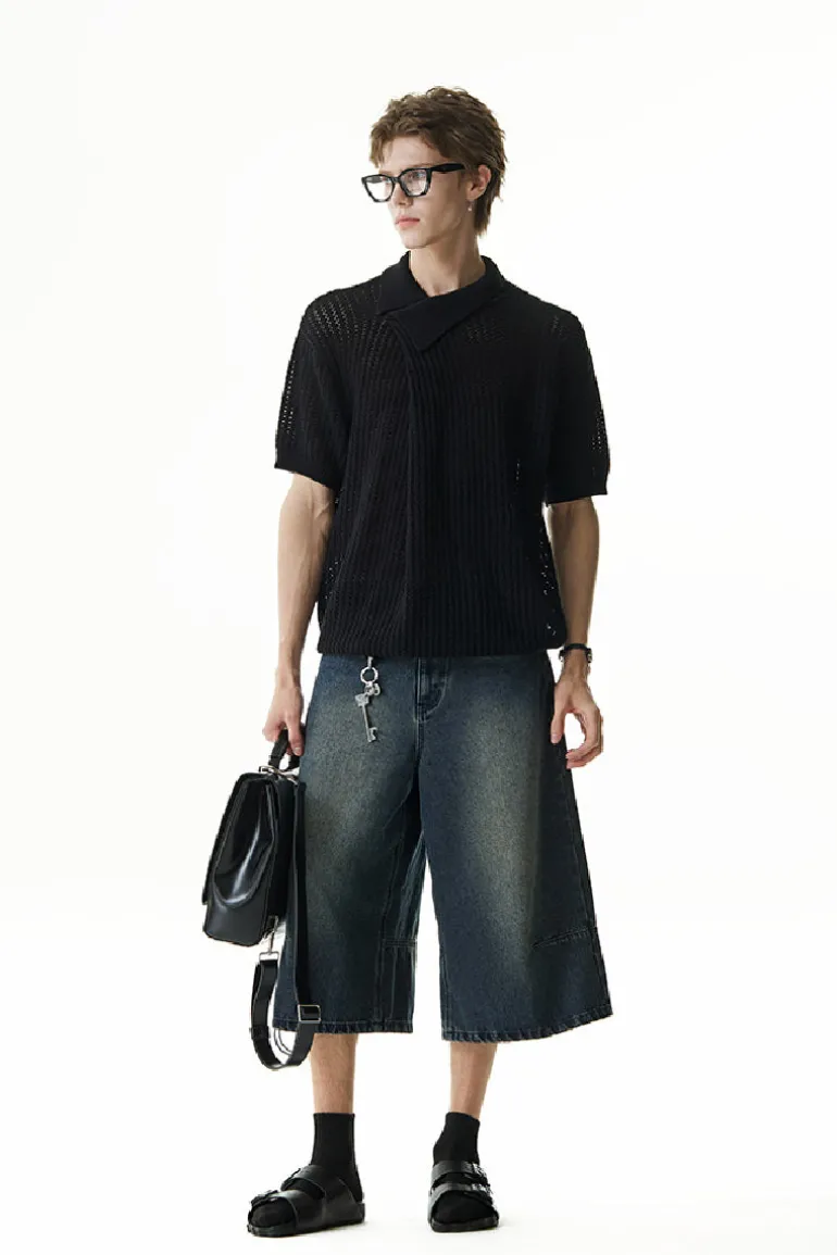 Asymmetric Cutout Knit Polo Shirt
