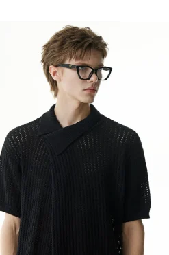 Asymmetric Cutout Knit Polo Shirt