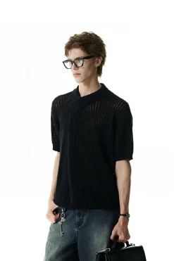 Asymmetric Cutout Knit Polo Shirt