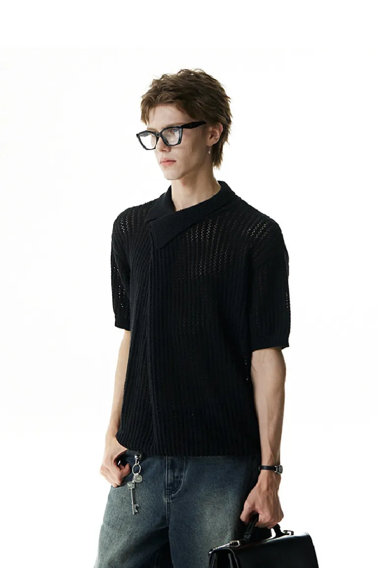 Asymmetric Cutout Knit Polo Shirt