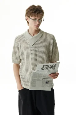 Asymmetric Cutout Knit Polo Shirt