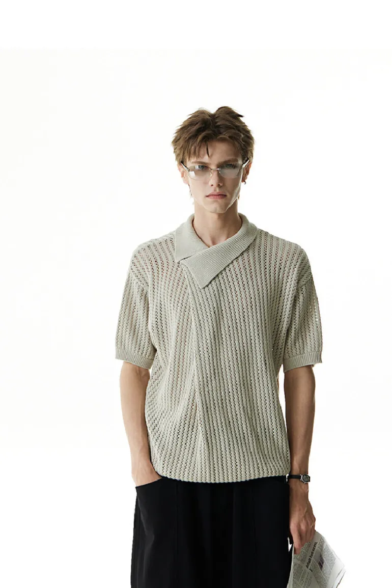 Asymmetric Cutout Knit Polo Shirt