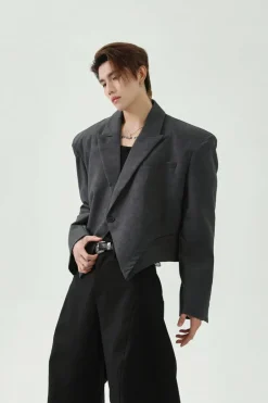 Asymmetric Padded Shoulder Cropped Blazer