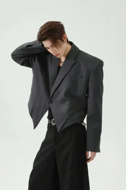 Asymmetric Padded Shoulder Cropped Blazer