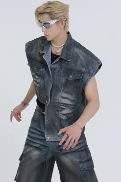 Asymmetric Washed Denim Vest