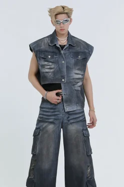 Asymmetric Washed Denim Vest