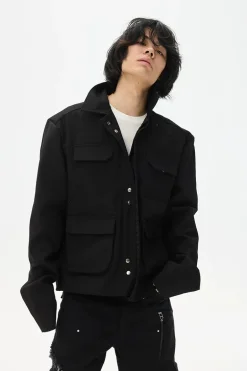 Asymmetric Washed Multi-Pocket Short Jacket