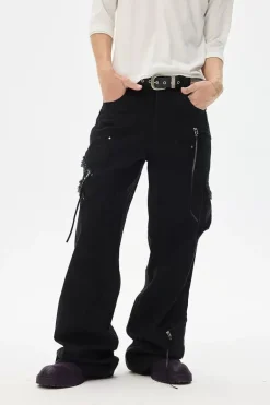 Asymmetric Zip Washed Flared Cargo Jeans