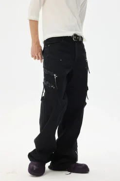 Asymmetric Zip Washed Flared Cargo Jeans