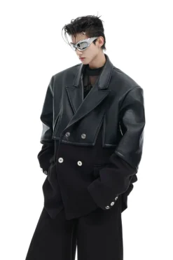 Asymmetrical Wool PU Leather Blazer