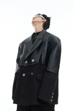 Asymmetrical Wool PU Leather Blazer