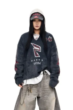 Badge Print Faux Mink V-Neck Sweater