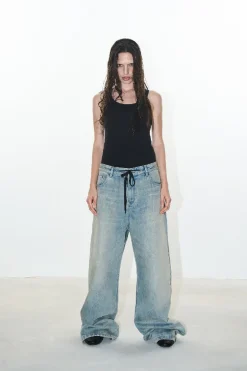 Baggy Drawstring Washed Jeans