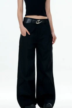 Black Draped Straight-Leg Trousers
