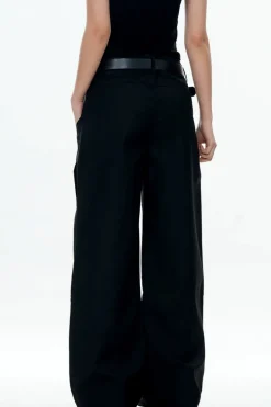 Black Draped Straight-Leg Trousers
