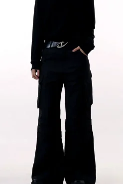 Black Wrinkled Flare Dress Trousers