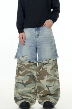 Blue Camo Patchwork Wide-Leg Pants