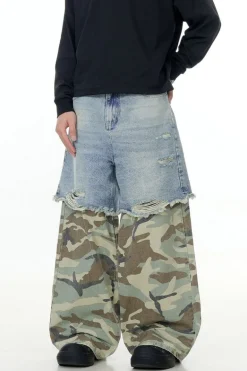 Blue Camo Patchwork Wide-Leg Pants