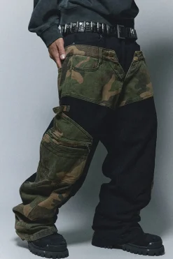 Camo Patchwork Wide-Leg Cargo Pants