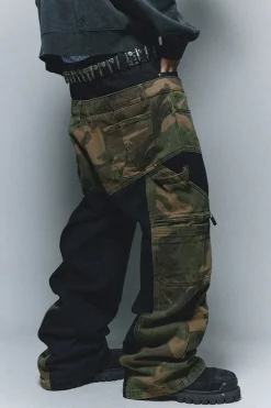 Camo Patchwork Wide-Leg Cargo Pants