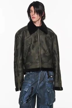 Camo PU Leather Wool Coat