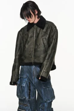 Camo PU Leather Wool Coat