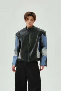 Color Block PU Leather Biker Jacket
