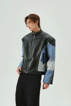 Color Block PU Leather Biker Jacket