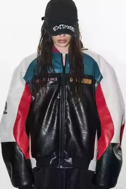 Colorblock Embroidered Biker Jacket
