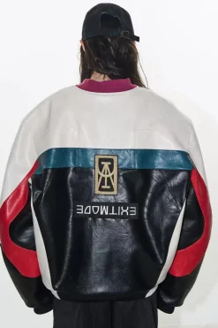 Colorblock Embroidered Biker Jacket