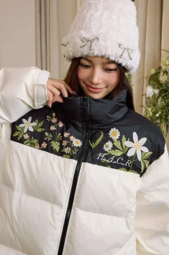 Colorblock Floral Embroidered Puffer