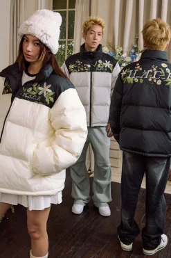 Colorblock Floral Embroidered Puffer