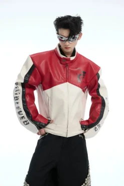 Colorblock PU Leather Biker Jacket