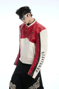 Colorblock PU Leather Biker Jacket