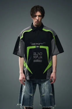 Colorblock Racing Zip Heavy Embroidery Shirt - US Only
