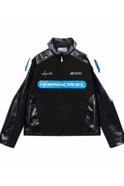Colorblock Stitched Leather Racing Jacket