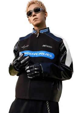Colorblock Stitched Leather Racing Jacket