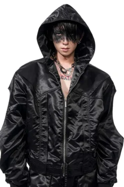 Cropped Hooded Ruched Sleeve Bomber Jacket