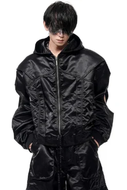 Cropped Hooded Ruched Sleeve Bomber Jacket