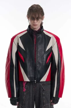 Cropped Stand Collar Patchwork Leather Jacket