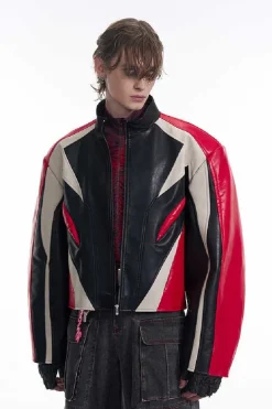 Cropped Stand Collar Patchwork Leather Jacket