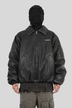 Cross Embroidered Down Leather Jacket