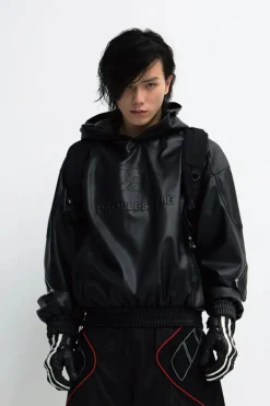 3D Embossed PU Leather Hoodie
