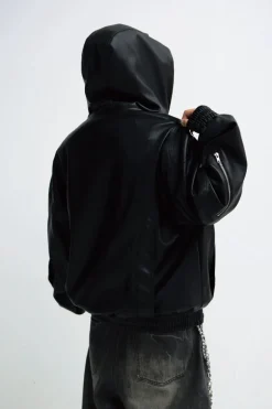 3D Embossed PU Leather Hoodie