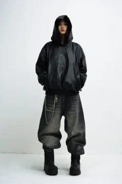 3D Embossed PU Leather Hoodie