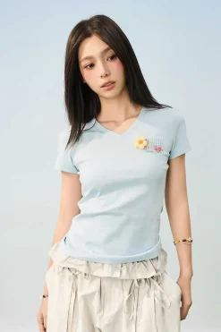 3D Yarn Flower V-Neck Tee