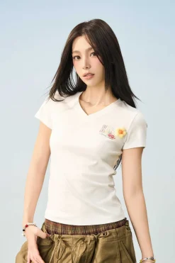 3D Yarn Flower V-Neck Tee